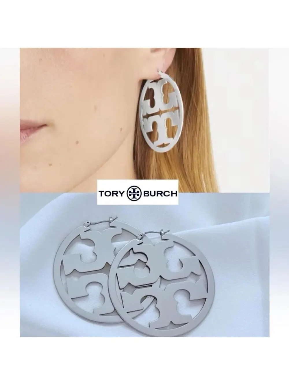 Tory Burch Large Roundness Logo Earrings  Silver